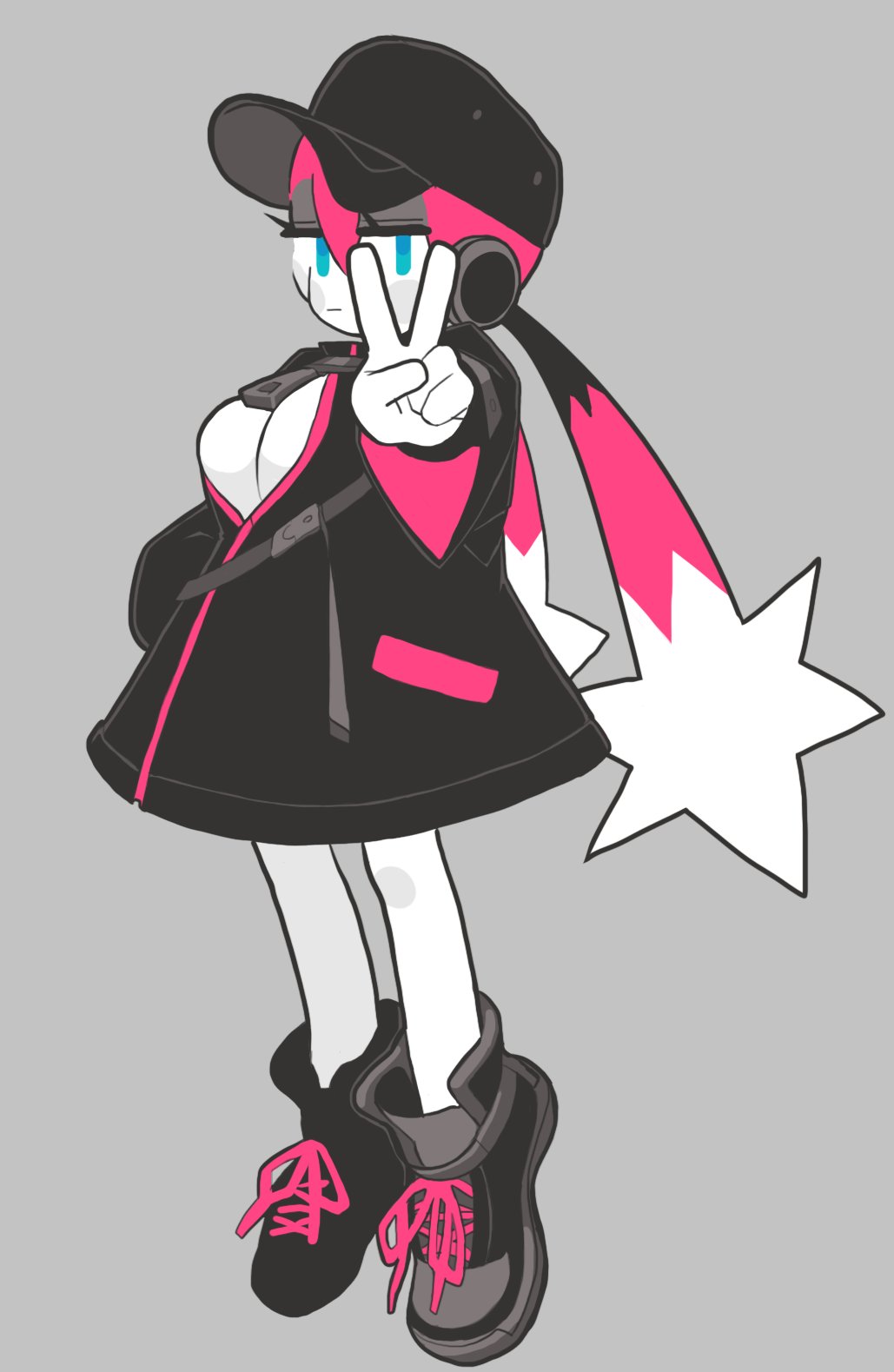 1girl, :|, baseball_cap, black_coat, black_footwear, black_hair, black_headwear, blue_eyes, blush_stickers, boomina, boomina_the_maidroid, breasts, closed_mouth, coat, colored_skin, commentary, eyeshadow, flat_color, full_body, gashi-gashi, gradient_hair, hand_in_pocket, hat, highres, jitome, large_breasts, long_hair, low_twintails, makeup, multicolored_hair, partially_unzipped, pink_hair, robot_ears, shoes, sneakers, solo, strap, symbol_commentary, tiptoes, twintails, v, white_hair, white_skin, wings, zipper_pull_tab