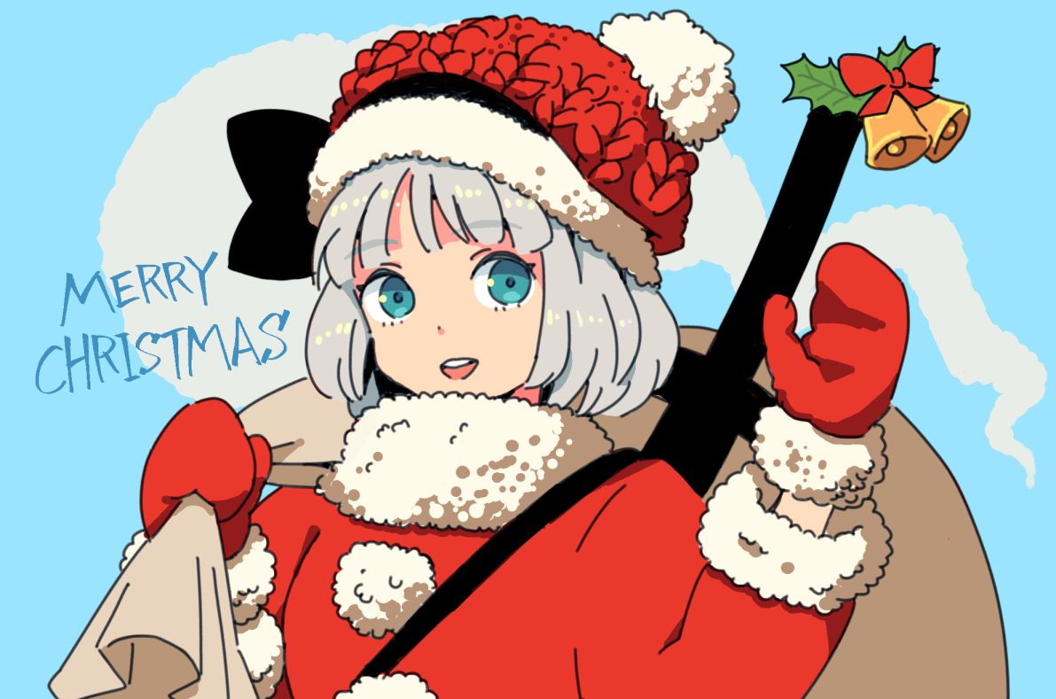 alternate_color, alternate_costume, bangs, bell, black_hairband, black_ribbon, blue_background, blue_eyes