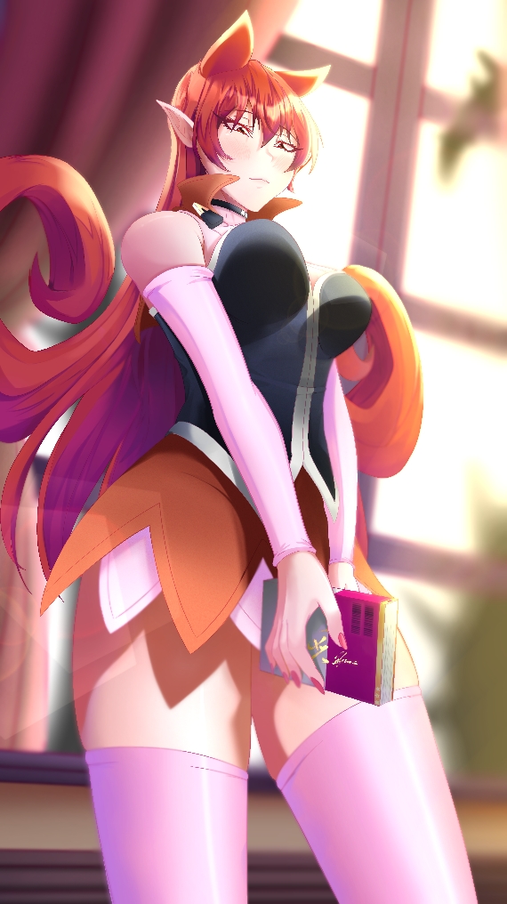 1girl, animal_ears, arm_warmers, azazel_ameri, black_choker, book, breasts, choker