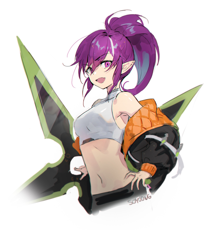 1girl, :d, armpits, astrid_remond, bare_shoulders, black_jacket, breasts, chakram, crop_top, cropped_torso, halter_top, halterneck, highres, holding, holding_weapon, jacket, long_hair, long_sleeves, looking_at_viewer, lord_of_heroes, medium_breasts, midriff, multicolored_hair, navel, off_shoulder, open_clothes, open_jacket, open_mouth, pointy_ears, ponytail, purple_hair, shirt, sidelocks, simple_background, sleeveless, sleeveless_shirt, smile, solo, soyoong_jun, stomach, streaked_hair, v-shaped_eyebrows, violet_eyes, weapon, white_background, white_shirt