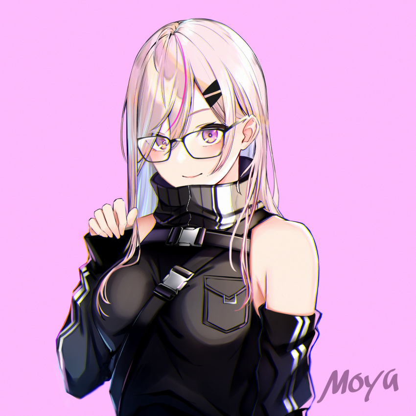 1girl, artist_name, between_breasts, black-framed_eyewear, borrowed_character, breasts, character_request, commentary