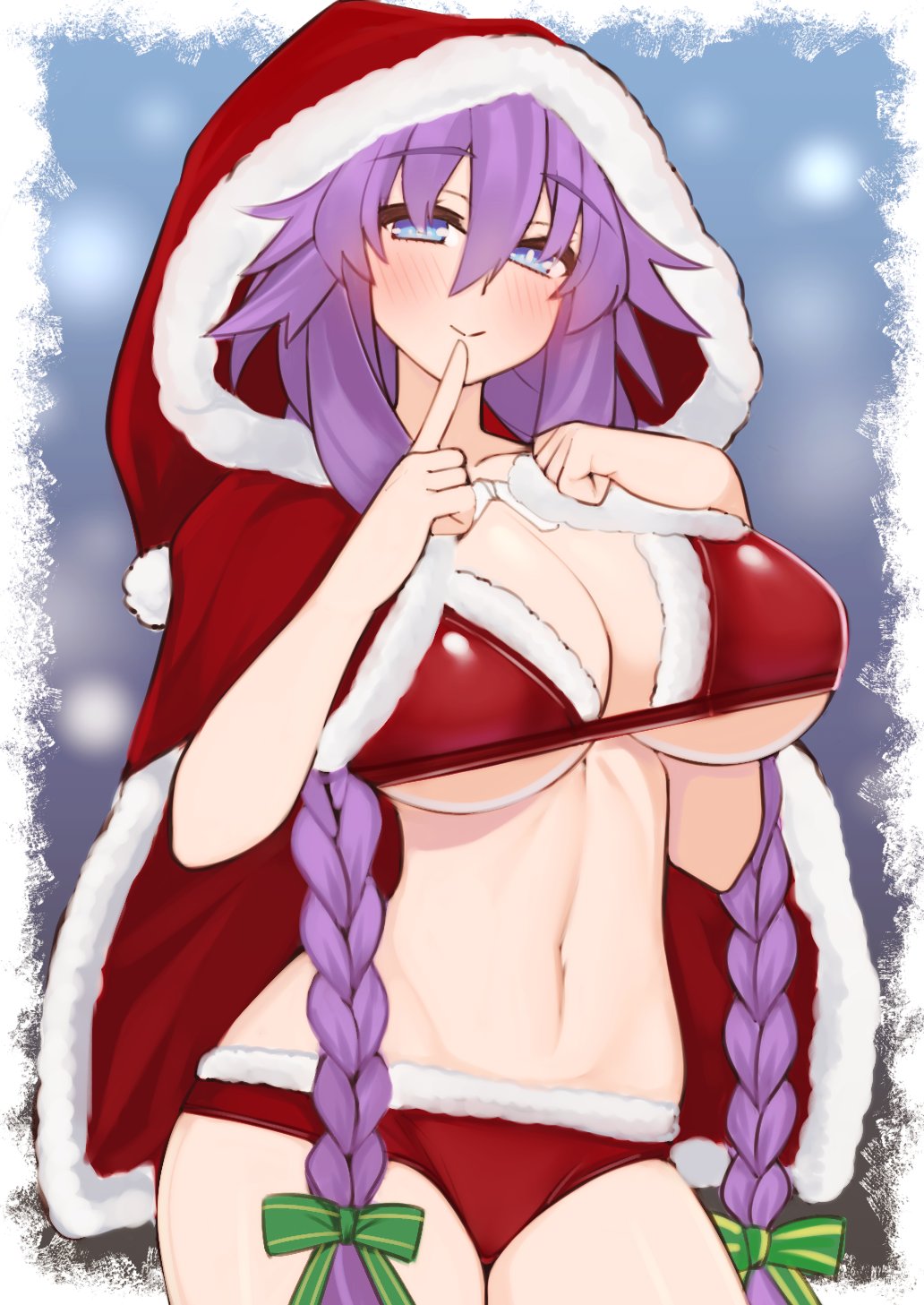 1girl, alternate_costume, blue_eyes, blush, bra, braid, breasts, christmas, dura, hair_between_eyes, hair_ornament, highres, large_breasts, long_hair, navel, neptune_(series), panties, power_symbol, purple_hair, purple_heart, solo, symbol-shaped_pupils, thigh-highs, twin_braids, underwear, very_long_hair