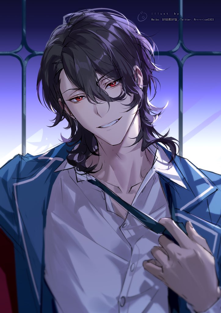 1boy, adjusting_clothes, backlighting, bangs, black_hair, black_neckwear, blazer, blue_jacket, ensemble_stars!, indoors, jacket, looking_at_viewer, male_focus, medium_hair, necktie, necktie_grab, neckwear_grab, open_collar, purple_sky, red_eyes, rrr_(reason), sakuma_rei_(ensemble_stars!), school_uniform, shirt, sidelocks, smile, solo, twilight, twitter_username, upper_body, watermark, weibo_username, white_shirt, window, yumenosaki_school_uniform