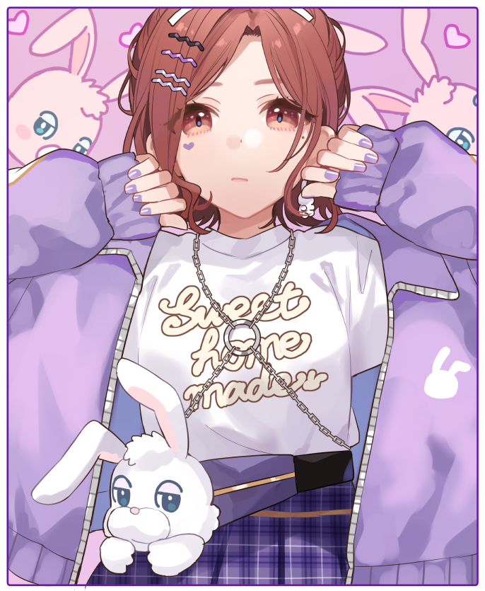 1girl, border, brown_eyes, brown_hair, bunny_background, chiri_(ch!), commentary, earrings, expressionless, eyelashes, facial_tattoo, fanny_pack, hair_ornament, hairclip, heart, higuchi_madoka, idolmaster, idolmaster_shiny_colors, jacket, jewelry, looking_at_viewer, null, open_clothes, open_jacket, plaid, plaid_skirt, purple_background, purple_jacket, purple_nails, purple_skirt, purple_theme, skirt, solo, tattoo, upper_body, wing_earrings