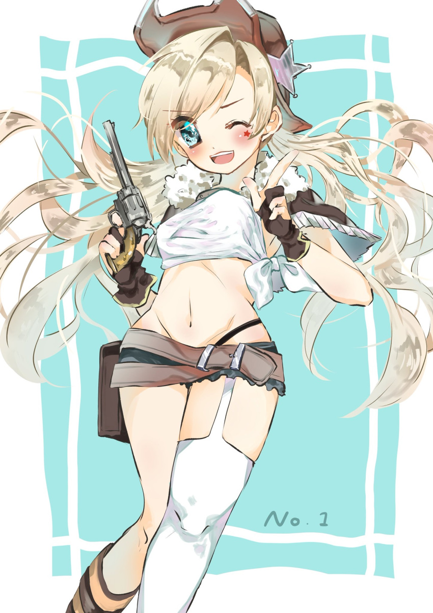 1girl, belt, blonde_hair, blue_eyes, colt_m1873_(girls_frontline), colt_single_action_army, commentary_request, cowboy_hat