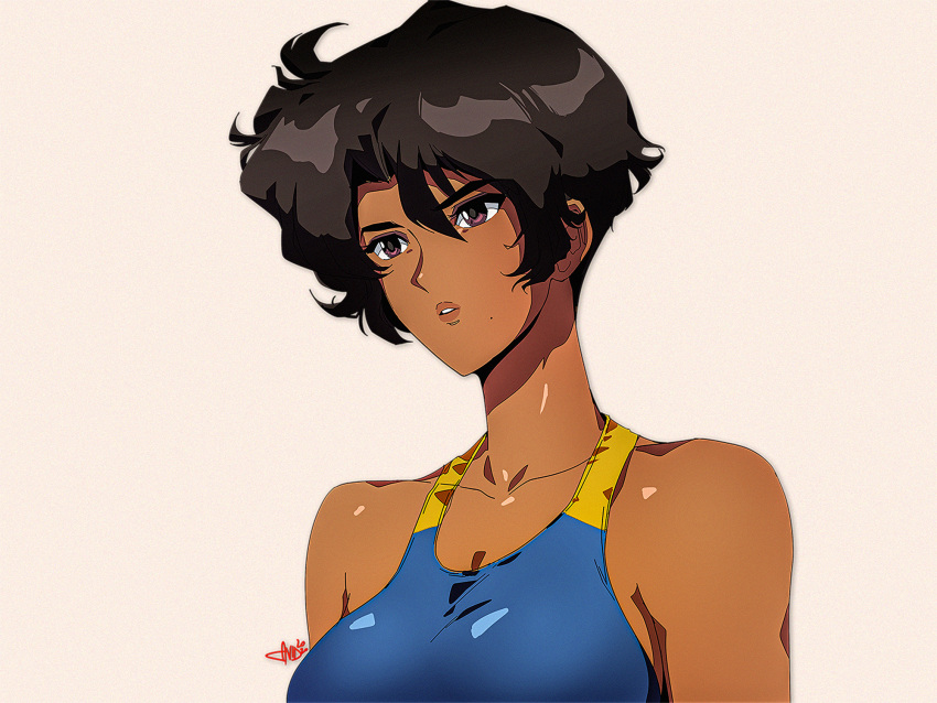 1990s_(style), 1girl, black_hair, blue_swimsuit, breasts, commentary, competition_swimsuit, dark_skin