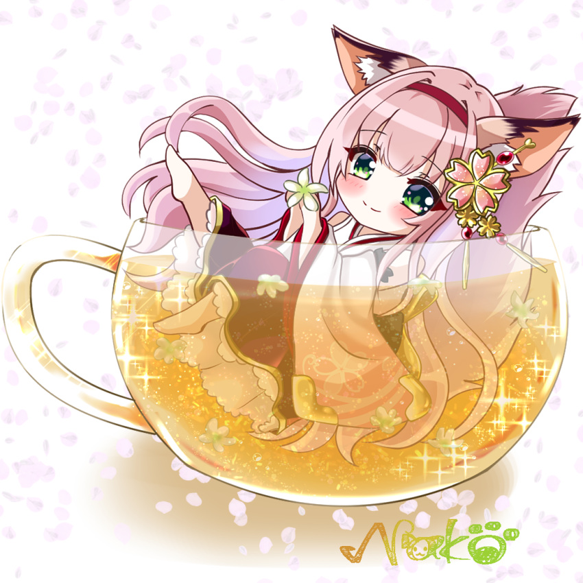 1girl, animal_ear_fluff, animal_ears, artist_name, azur_lane, bangs, blush, cherry_blossoms, chibi, closed_mouth, commentary_request, cup, eyebrows_visible_through_hair, flower, fox_ears, fox_girl, fox_tail, full_body, green_eyes, hair_flower, hair_ornament, hairband, hakama, hanazuki_(azur_lane), japanese_clothes, jasmine_(flower), kimono, long_hair, minigirl, nako_nya, pink_hair, pink_kimono, sidelocks, signature, smile, solo, tail, tea, teacup