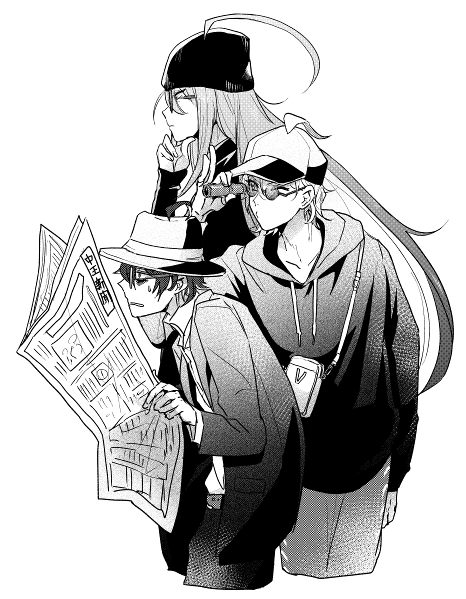 3boys, ahoge, alternate_costume, arm_at_side, bag, baseball_cap, black_pants, casual