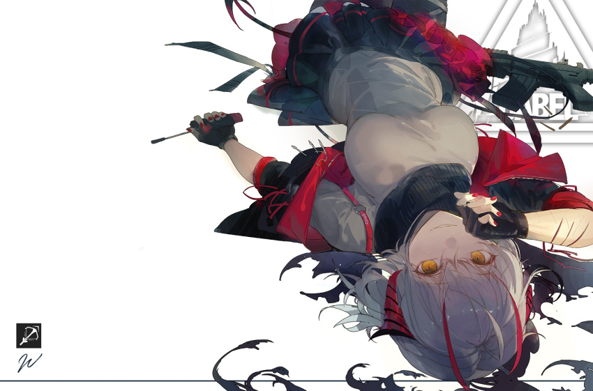 1girl, arknights, babel_logo_(arknights), black_jacket, black_scarf, black_skirt, breasts, character_name