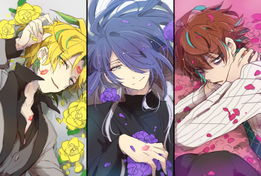 3boys, aqua_hair, bags_under_eyes, black_pants, black_shirt, blonde_hair, blue_eyes, blue_neckwear