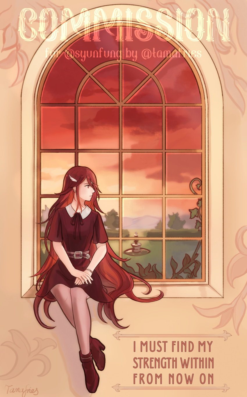 1girl, absurdres, alternate_costume, belt, belt_buckle, buckle, casual, closed_mouth, commentary, commission, cordelia_(fire_emblem), dress, english_commentary, english_text, fire_emblem, fire_emblem_awakening, fountain, from_side, hair_between_eyes, hair_ornament, highres, indoors, lips, long_hair, looking_away, pantyhose, profile, red_dress, red_eyes, red_ribbon, redhead, ribbon, signature, sitting, sky, solo, sunset, tamafries, tamafry, tree, twitter_username, window, wing_hair_ornament