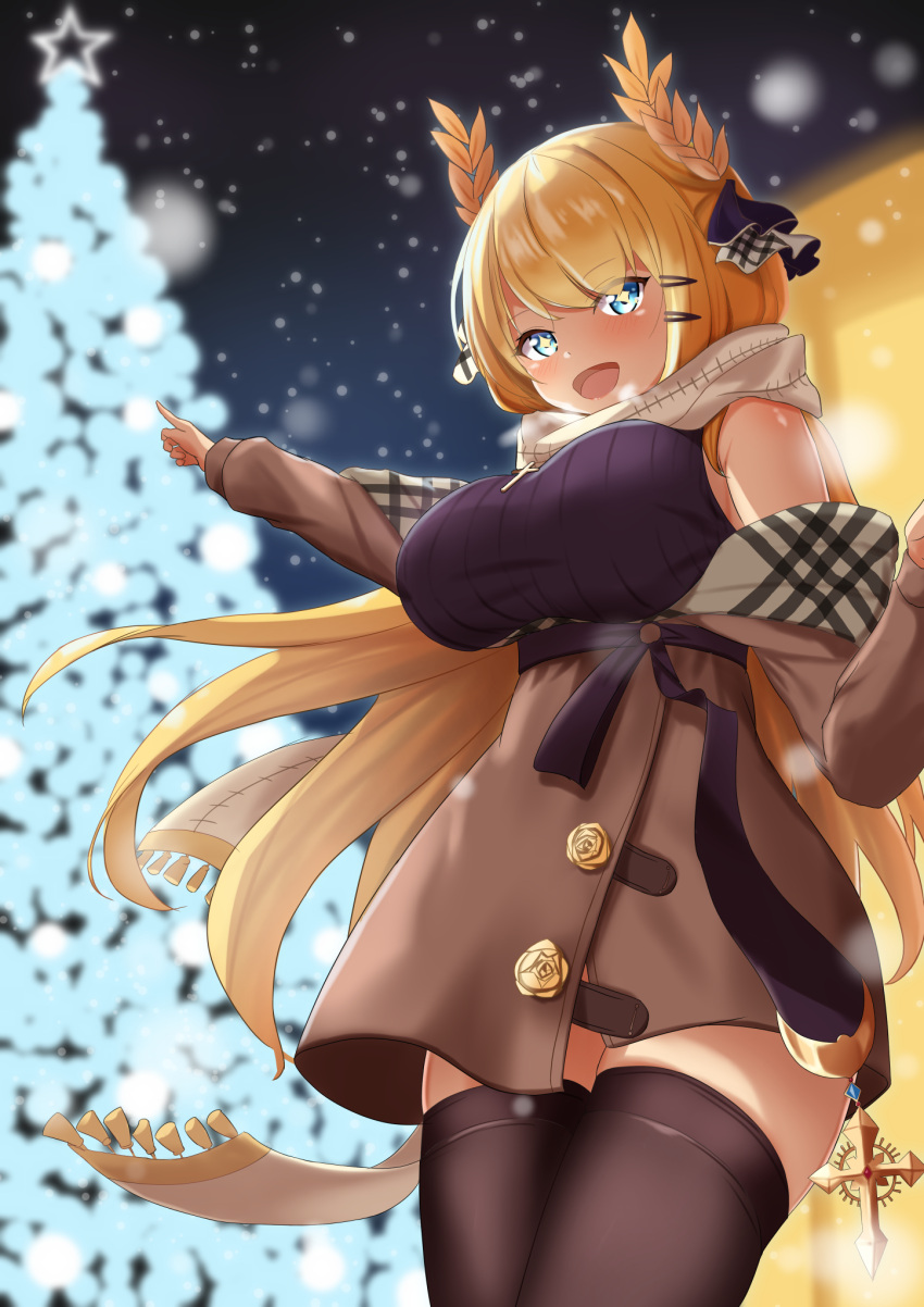 +_+, 1girl, azur_lane, bare_shoulders, black_legwear, black_sweater, blonde_hair, blue_eyes