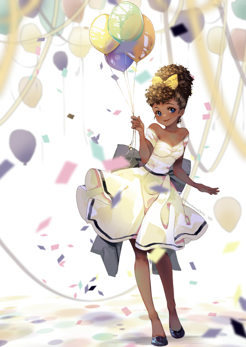 1girl, balloon, bare_shoulders, big_hair, black_footwear, blue_eyes, bow, breasts