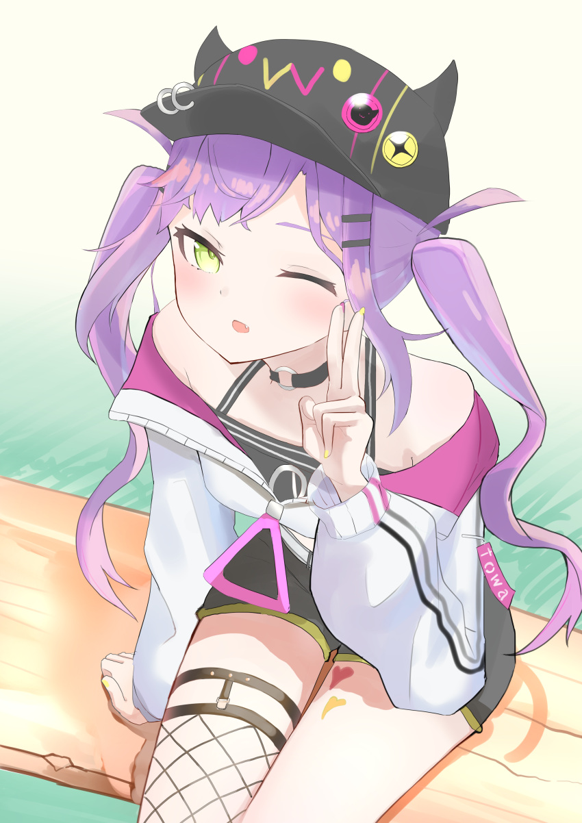 1girl, absurdres, baseball_cap, bibi_(tokoyami_towa), bitween0908, black_camisole, black_choker, black_headwear