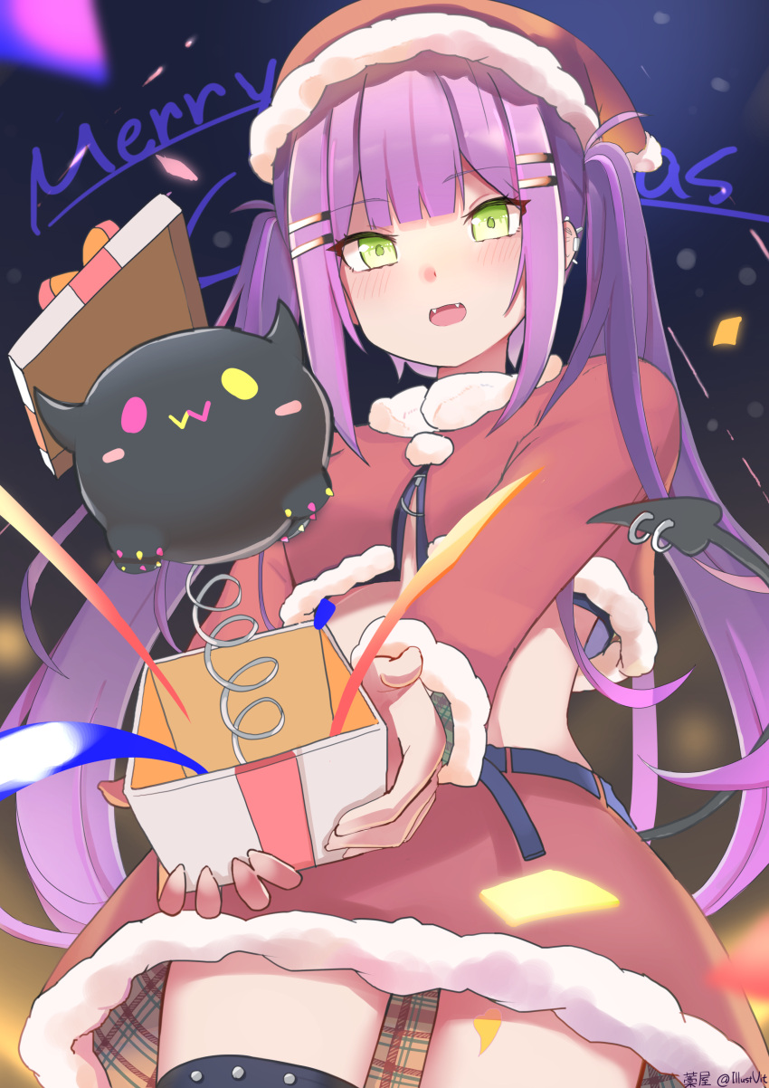 1girl, absurdres, alternate_costume, artist_name, bangs, bibi_(tokoyami_towa), bitween0908, blunt_bangs, blush, box, breasts, christmas, commentary, confetti, cowboy_shot, crop_top, demon_tail, ear_piercing, fangs, fur-trimmed_shirt, fur-trimmed_skirt, fur_trim, gift, gift_box, green_eyes, hair_between_eyes, hair_ornament, hairclip, hat, highres, holding, holding_box, hololive, jack_in_the_box_(toy), long_hair, looking_at_viewer, merry_christmas, midriff, multicolored_hair, open_mouth, piercing, pink_hair, purple_hair, red_headwear, red_shirt, red_skirt, santa_costume, santa_hat, shirt, skirt, small_breasts, smile, streaked_hair, tail, tail_ornament, tail_piercing, thighs, tokoyami_towa, twintails, two-tone_hair, virtual_youtuber