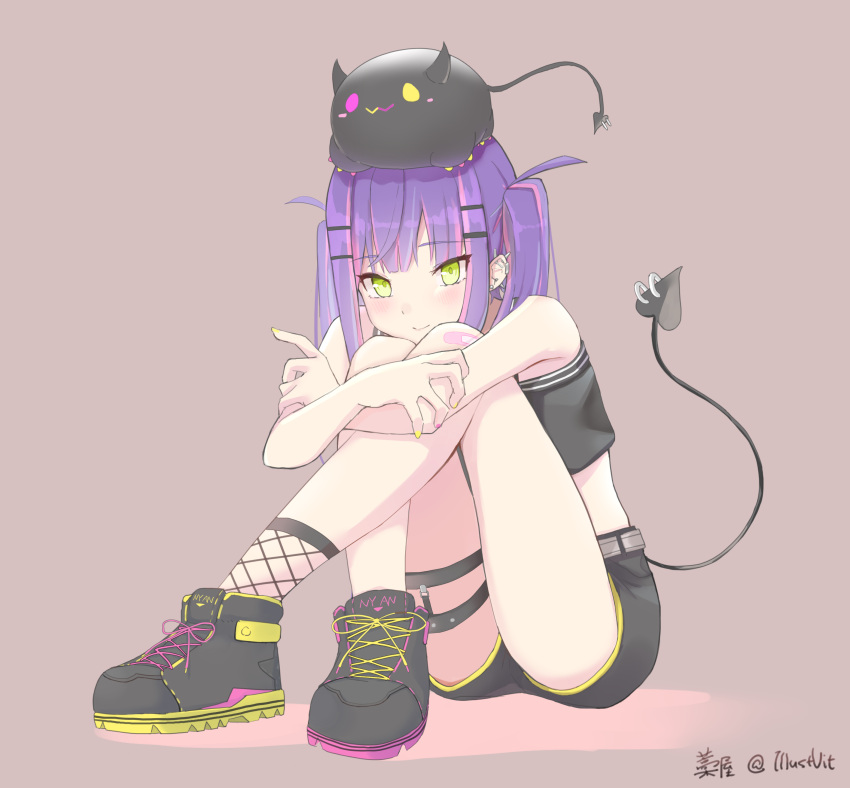 1girl, absurdres, artist_name, bandaid, bandaid_on_knee, bare_legs, bibi_(tokoyami_towa), bitween0908, black_camisole, black_footwear, black_shorts, blush, camisole, closed_mouth, commentary, crop_top, cross-laced_footwear, crossed_legs, demon_tail, ear_piercing, eyebrows_visible_through_hair, fishnet_legwear, fishnets, full_body, green_eyes, hair_ornament, hairclip, highres, hololive, knees_to_chest, leg_hug, long_hair, looking_at_viewer, midriff, multicolored, multicolored_hair, multicolored_nails, nail_polish, no_jacket, piercing, pink_hair, purple_background, purple_hair, purple_nails, shoes, short_shorts, shorts, simple_background, sitting, smile, sneakers, streaked_hair, tail, tail_ornament, tail_piercing, thigh_strap, thighs, tokoyami_towa, twintails, two-tone_hair, virtual_youtuber, yellow_nails