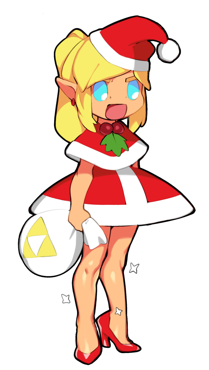1girl, absurdres, blonde_hair, blue_eyes, capelet, chibi, christmas, combos_&amp;_doodles, commentary, dress, earrings, english_commentary, flat_chest, fur-trimmed_capelet, fur-trimmed_dress, fur_trim, hat, high_heels, highres, holding, holding_sack, holly, jewelry, long_hair, long_legs, meme, no_nose, open_mouth, padoru, pointy_ears, ponytail, princess_zelda, red_capelet, red_dress, red_footwear, red_headwear, sack, santa_dress, santa_hat, solo, sparkle, standing, the_legend_of_zelda, triforce, white_background