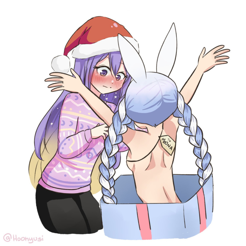 2girls, alternate_costume, animal_ears, arms_up, black_pants, blonde_hair, blue_hair, blush, box, braid, casual, cropped_legs, embarrassed, eyelashes, from_behind, gift, gift_tag, gradient_hair, hat, highres, hololive, hololive_indonesia, hoonyusi, in_box, in_container, long_hair, looking_down, moona_hoshinova, multicolored_hair, multiple_girls, nude, opening, pants, purple_hair, rabbit_ears, santa_hat, simple_background, starry_hair, sweater, twin_braids, twintails, twitter_username, two-tone_hair, usada_pekora, very_long_hair, violet_eyes, white_background, yuri