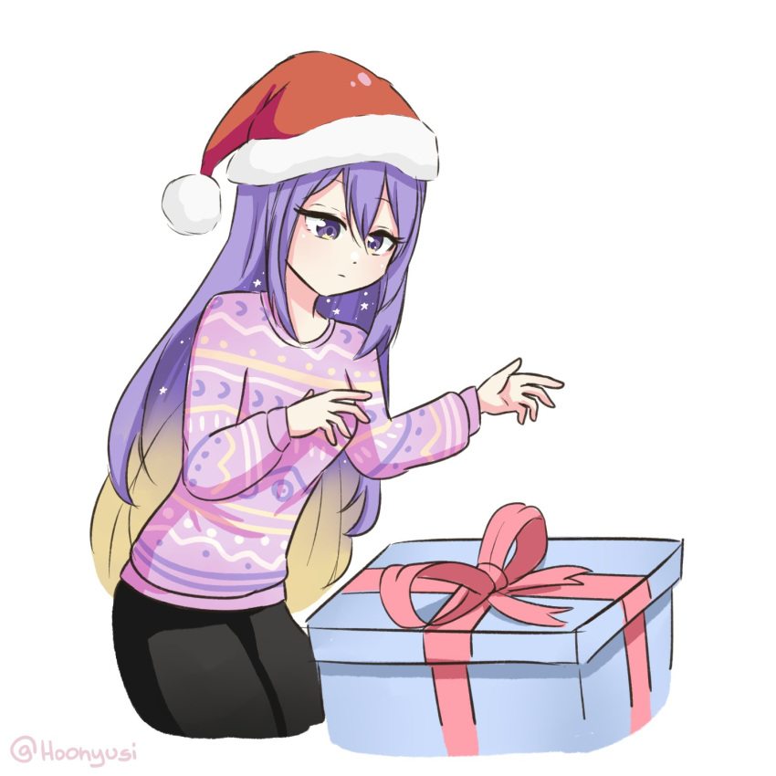 1girl, alternate_costume, black_pants, blonde_hair, casual, cropped_legs, eyelashes, gift