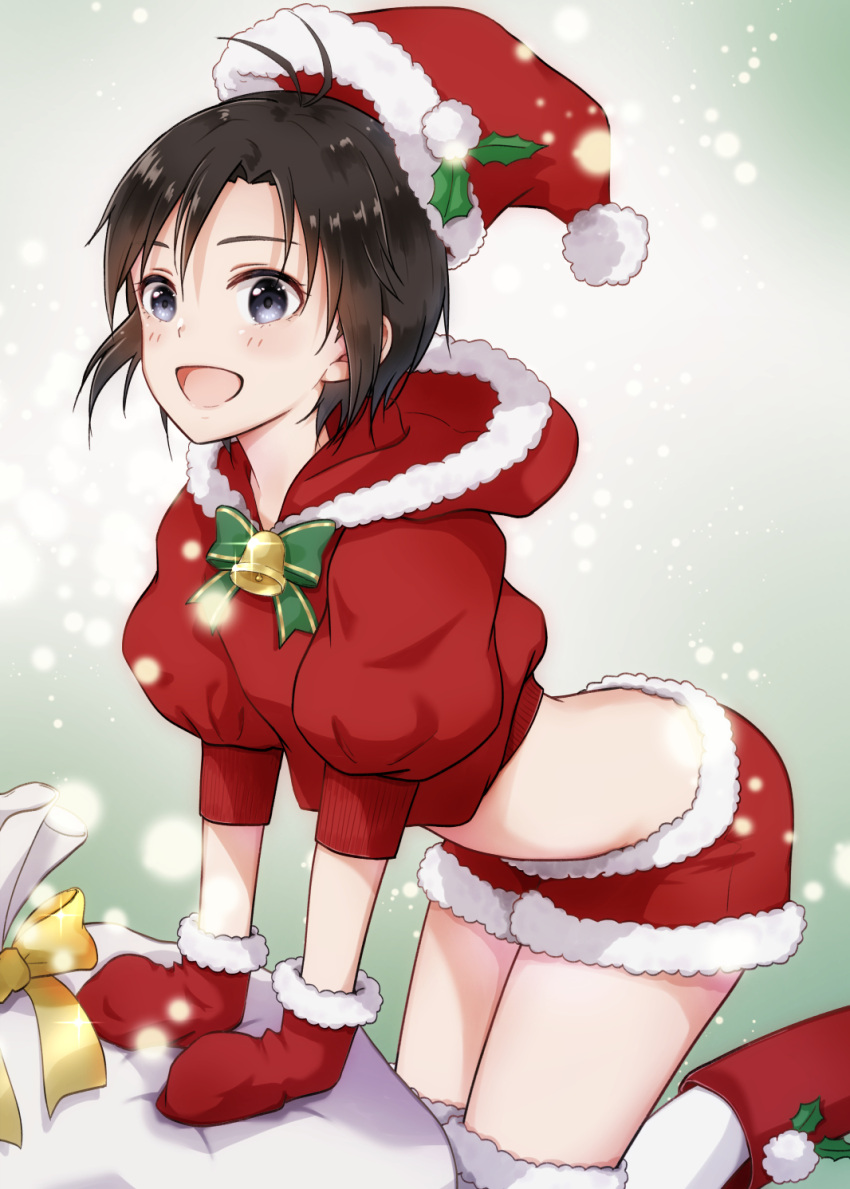 1girl, :d, antenna_hair, arched_back, arm_support, bag, bangs, bell