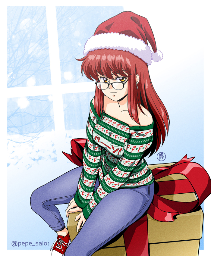 1980s_(style), 1girl, bangs, bare_shoulders, black-framed_eyewear, blue_pants, box, breasts