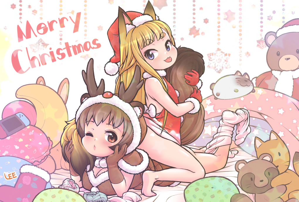 2girls, :p, animal_costume, animal_ear_fluff, animal_ears, animal_hood, artist_name, backless_outfit