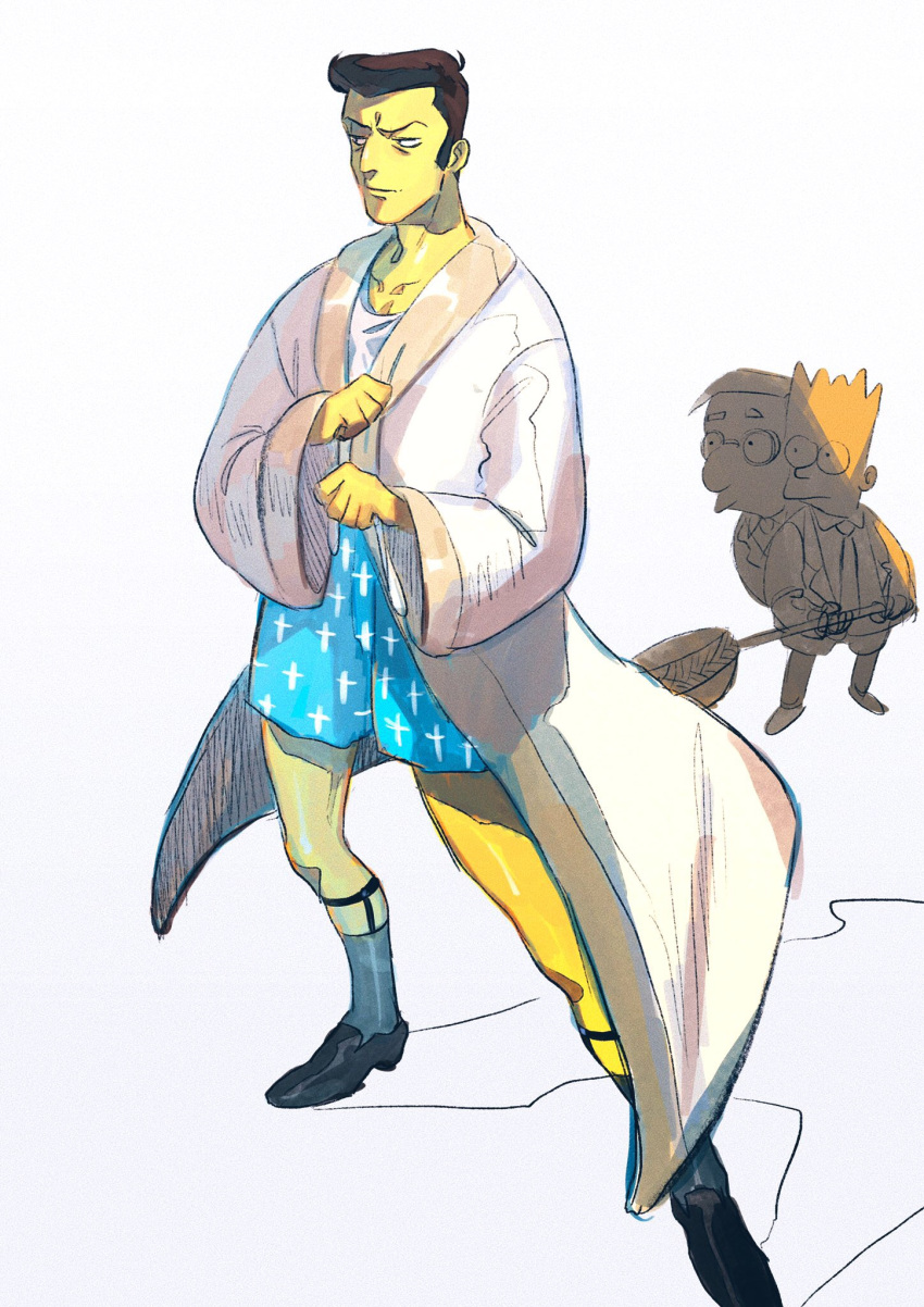 3boys, bart_simpson, black_eyes, black_footwear, black_hair, blazer, blue_shorts, bondo_(doretto23)