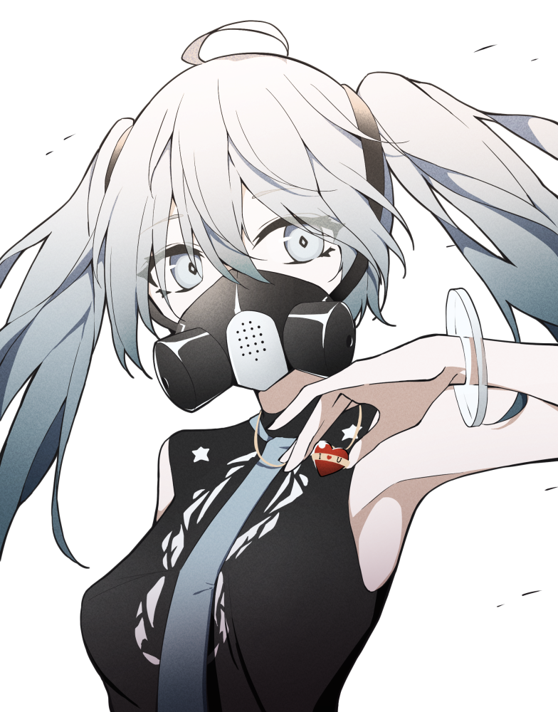 1girl, ahoge, armpits, badge, bare_shoulders, black_shirt, blue_eyes, blue_hair
