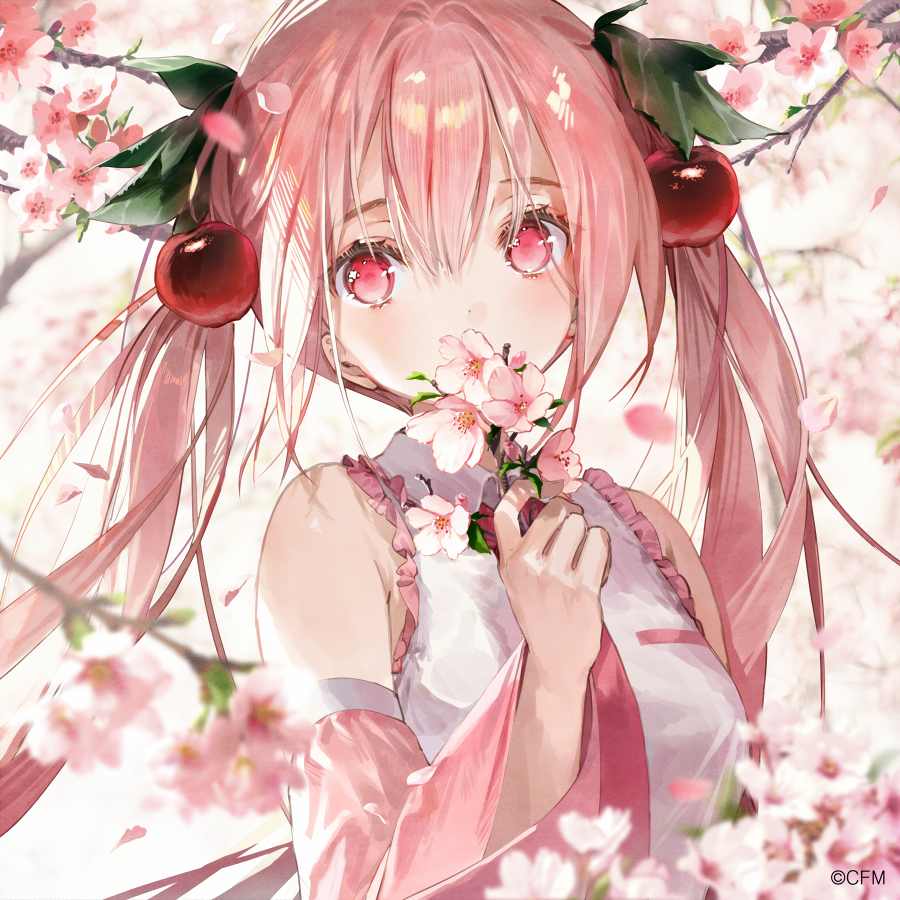 1girl, bangs, blurry, blurry_background, blurry_foreground, branch, cherry_blossoms, cherry_hair_ornament
