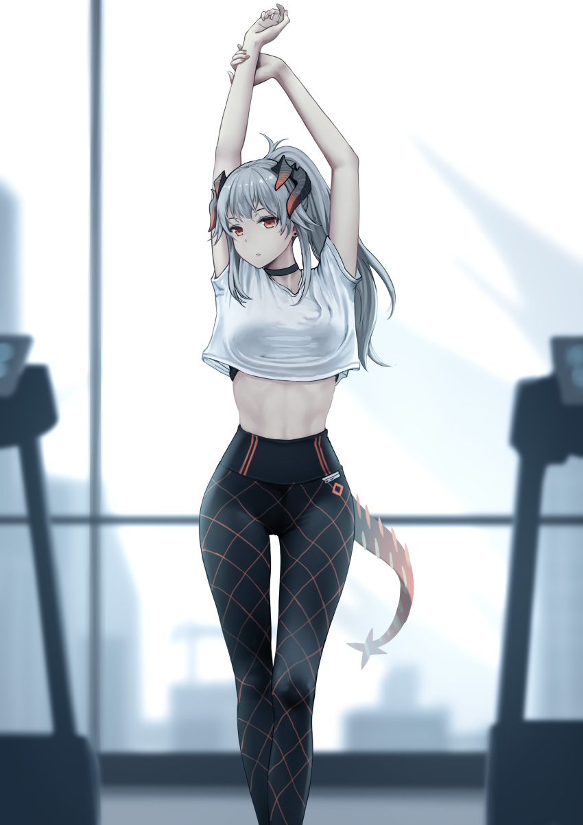 1girl, abs, absurdres, alternate_hairstyle, arknights, arms_up, bangs, bare_arms