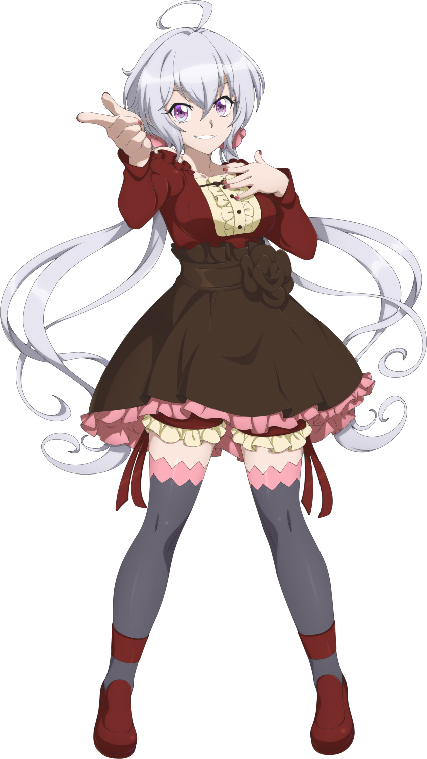 1girl, absurdres, ahoge, breasts, brown_flower, brown_skirt, buruma, chuunioniika