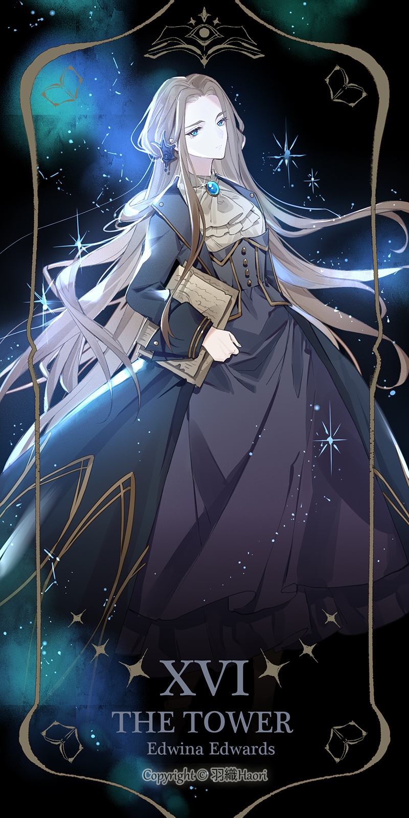 1girl, aqua_eyes, black_jacket, blue_brooch, book_print, brooch, brown_hair, constellation