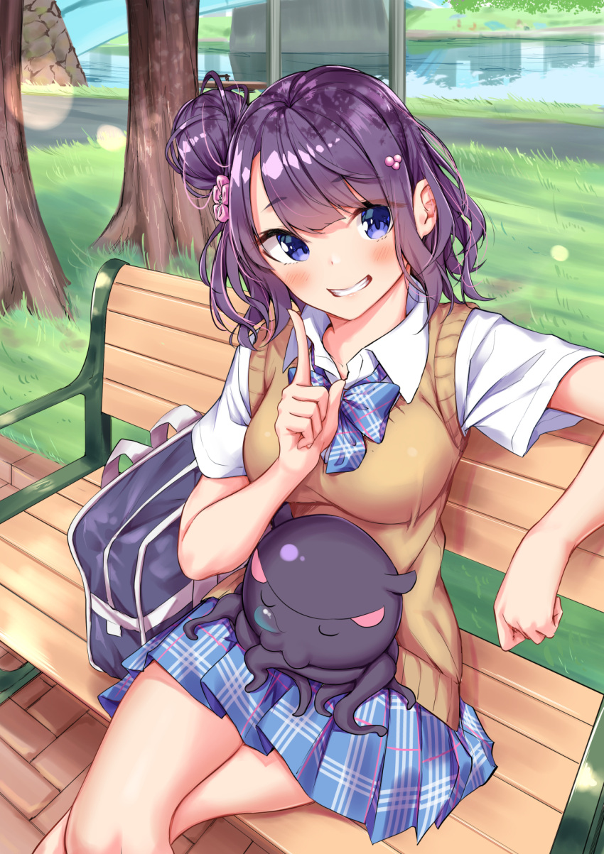 1girl, alternate_uniform, bag, bangs, bench, blue_bow, blue_eyes, blue_neckwear