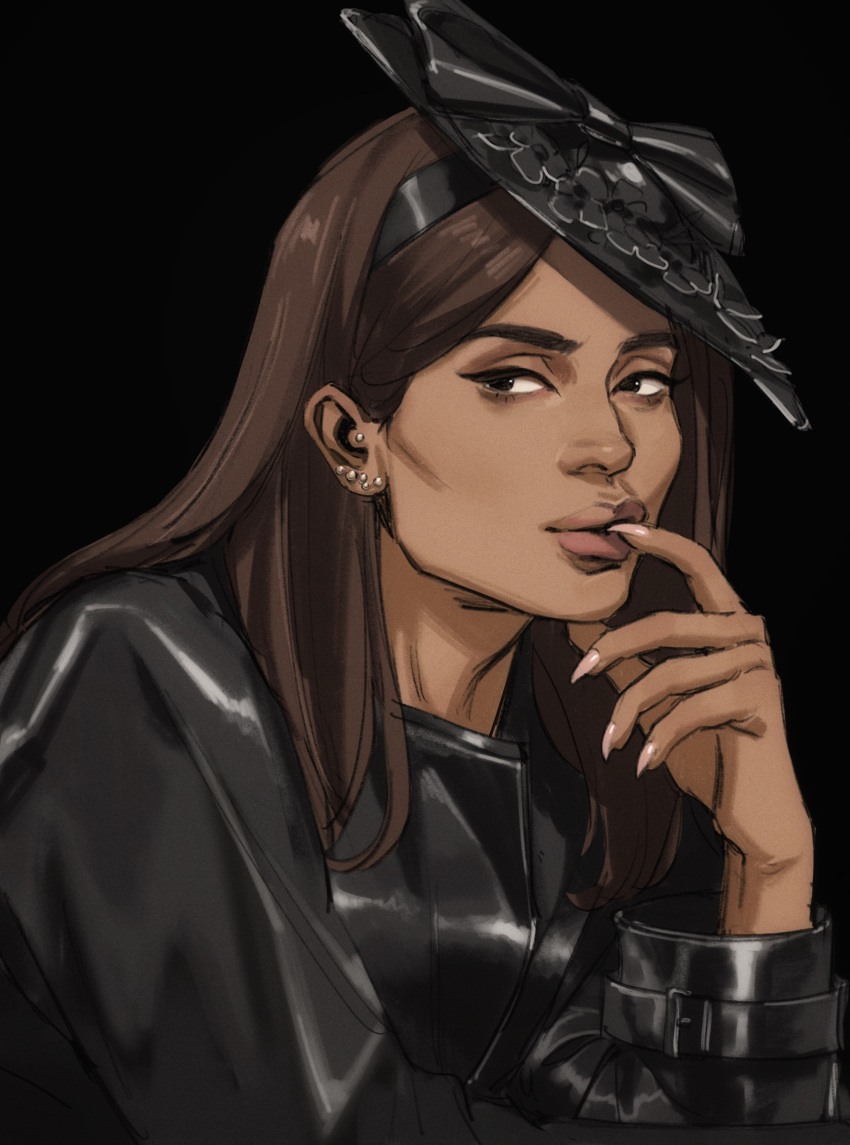 1girl, absurdres, batman_(series), black_background, black_eyes, black_jacket, brown_hair, catwoman, commentary, dark_skin, dark-skinned_female, dc_comics, ear_piercing, earrings, english_commentary, finger_to_mouth, fingernails, hand_up, highres, jacket, jewelry, lips, long_fingernails, long_hair, long_sleeves, looking_at_viewer, mask, mask_up, parted_lips, piercing, pink_lips, selina_kyle, sharp_fingernails, simple_background, solo, the_batman_(2022), thisuserisalive