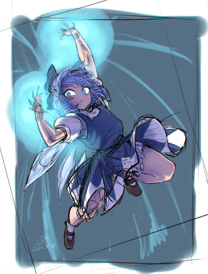 1girl, arm_up, black_bow, blue_dress, blue_eyes, blue_hair, bow, brown_footwear, cirno, dated, dress, energy_ball, flat_chest, flying, full_body, hair_bow, ice, ice_wings, mary_janes, petticoat, powering_up, puffy_short_sleeves, puffy_sleeves, shoes, short_hair, short_sleeves, signature, sketch, socks, solo, space_jin, touhou, white_buruma, white_legwear, wings