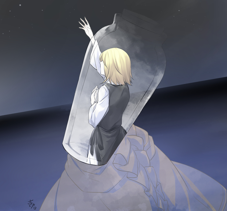 1girl, arm_up, artist_name, back, blonde_hair, bottle, dress, dutch_angle
