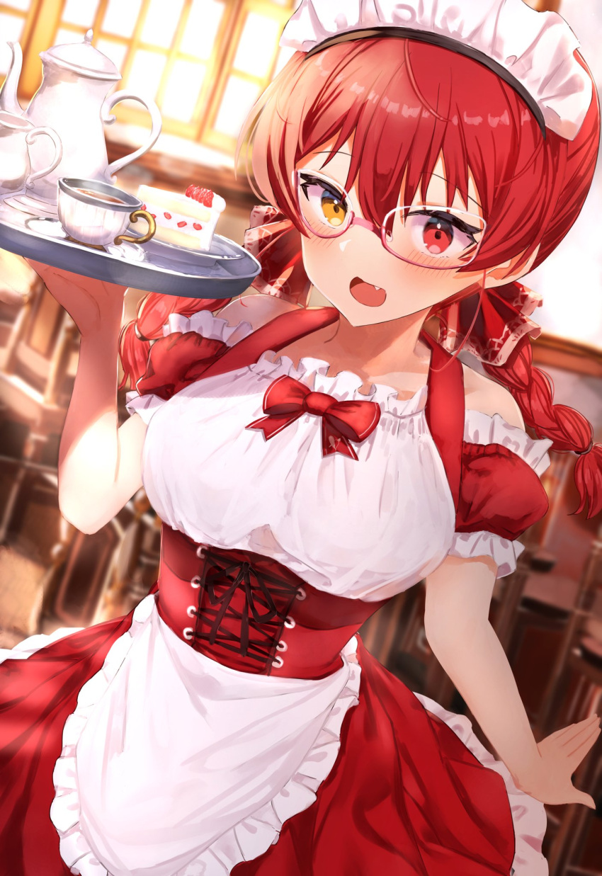 1girl, adapted_costume, alternate_costume, apron, bespectacled, blush, braid, breasts