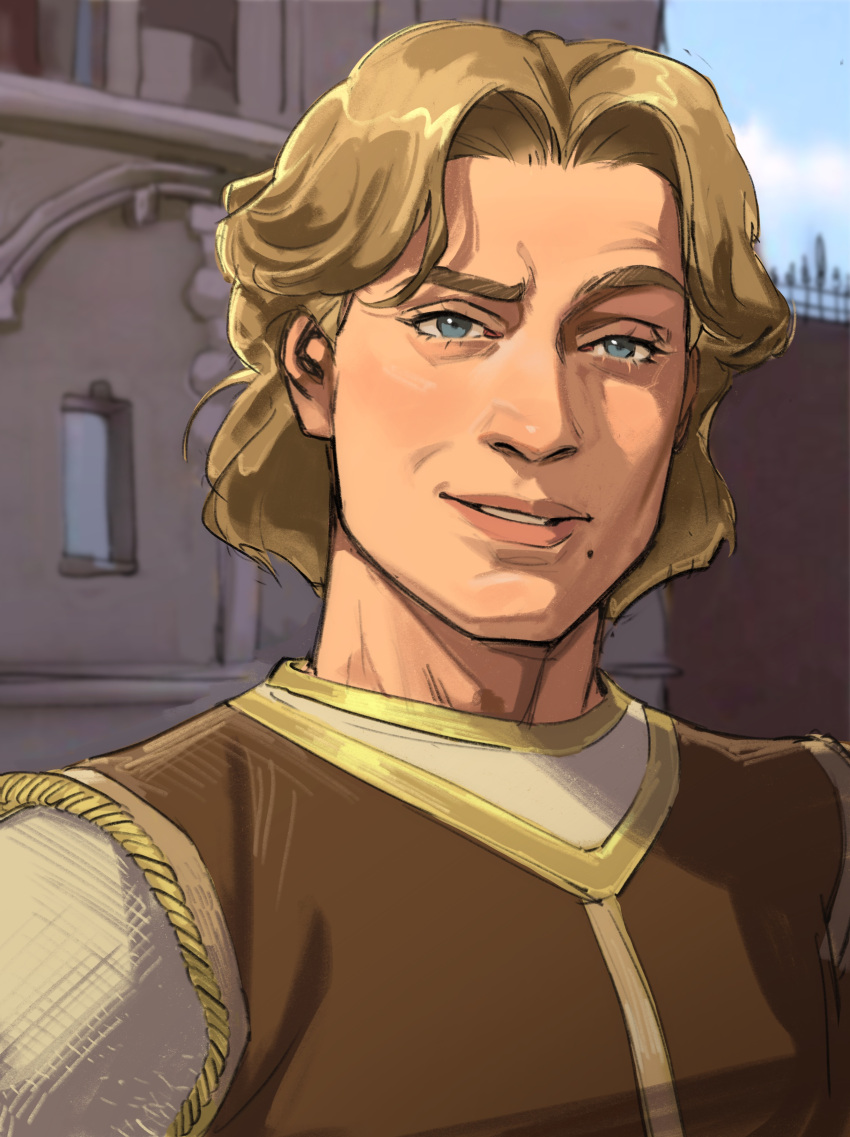 1boy, absurdres, blue_eyes, blurry, blurry_background, brown_hair, brown_vest, commentary, day, derivative_work, english_commentary, highres, lips, looking_at_viewer, male_focus, mole, mole_under_mouth, outdoors, parted_lips, pink_lips, prince_charming_(shrek), raised_eyebrow, screencap_redraw, short_hair, shrek_(series), smirk, solo, thisuserisalive, upper_body, vest