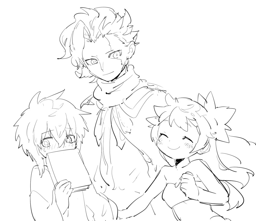 1boy, 1girl, 1other, apios1, bandeau, bare_shoulders, blush, book
