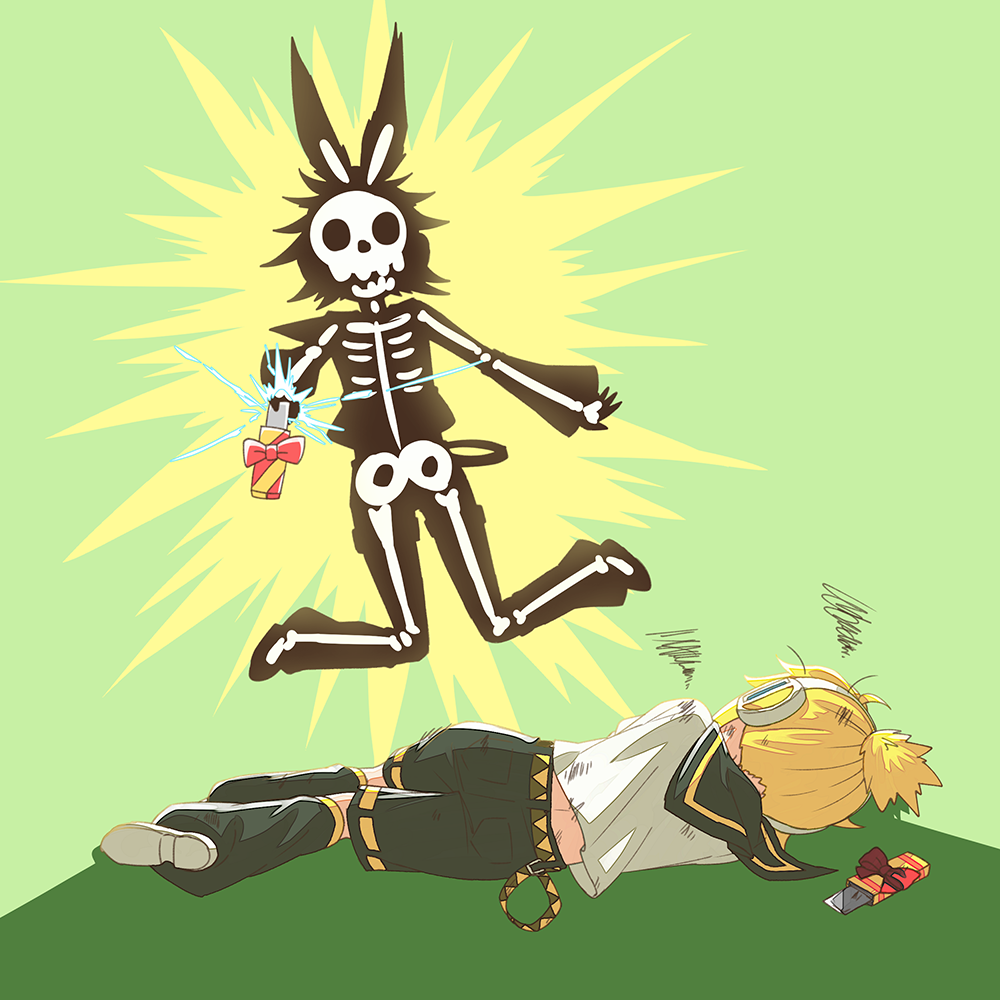 1boy, 1girl, belt, black_collar, black_shorts, blonde_hair, bow, bowtie, chewing_gum, collar, electrocution, gift_wrapping, green_background, hair_bow, headphones, holding, jumping, kagamine_len, kagamine_rin, leg_warmers, legs_up, lying, on_side, prank, red_bow, rindo, sailor_collar, school_uniform, shadow, shirt, short_hair, short_ponytail, shorts, skeleton, squiggle, unconscious, vocaloid, white_footwear, white_shirt