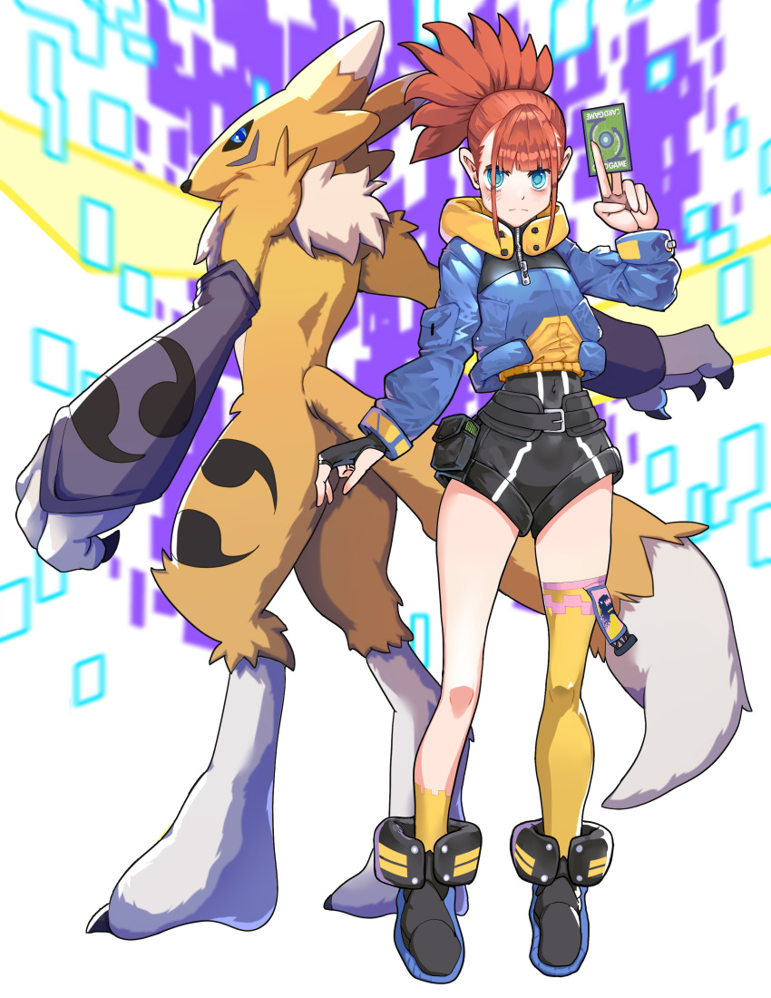 1girl, absurdres, alternate_costume, asymmetrical_legwear, black_footwear, black_gloves, black_leotard, blue_eyes, blue_jacket, blush, brown_hair, card, claws, clip_studio_paint_(medium), closed_mouth, commentary, covered_navel, digimon, digimon_tamers, fingerless_gloves, full_body, furry, gloves, hand_up, highres, holding, holding_card, jacket, leotard, long_sleeves, makino_ruki, ponytail, pouch, renamon, serious, shoes, single_glove, standing, tail, thigh-highs, yellow_legwear, yeo_yee_heng, zipper, zipper_pull_tab