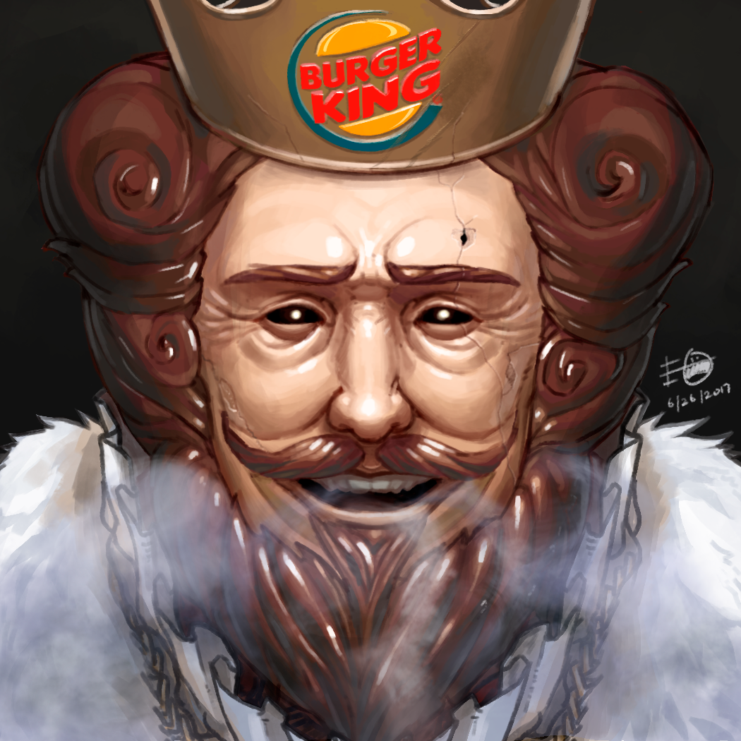 1boy, amuscaria, black_sclera, breath, bright_pupils, brown_eyes, brown_hair, burger_king, cape, commentary, copyright_name, cracked_skin, crown, curly_hair, dated, english_commentary, eyes, face, facial_hair, fur-trimmed_cape, fur_trim, furrowed_eyebrows, goatee, horror_(theme), lips, logo, looking_at_viewer, male_focus, mustache, nose, short_hair, signature, simple_background, solo, the_king_(burger_king), thick_eyebrows, upper_teeth, white_pupils, wrinkled_skin