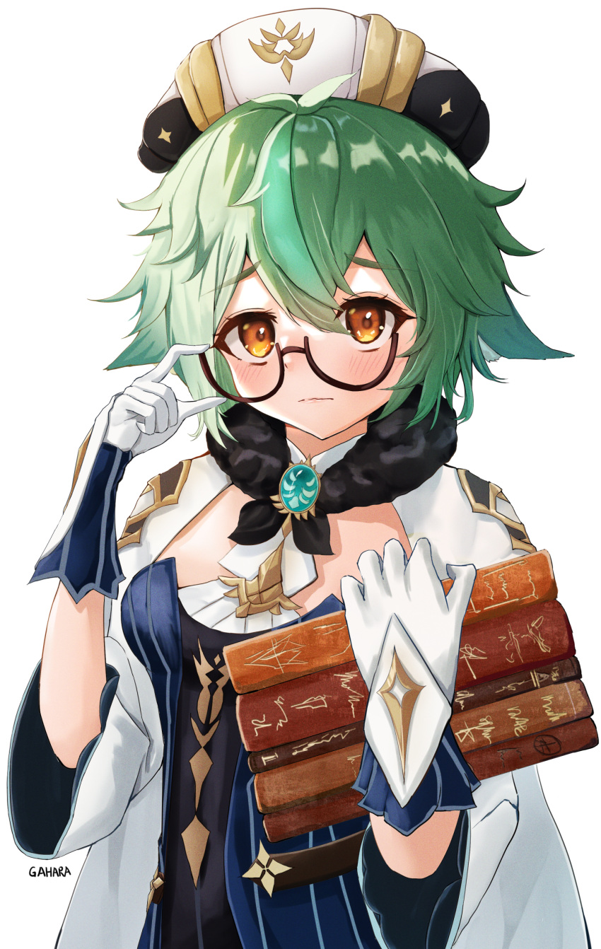 1girl, adjusting_eyewear, animal_ears, beret, blush, book, breasts, cat_ears