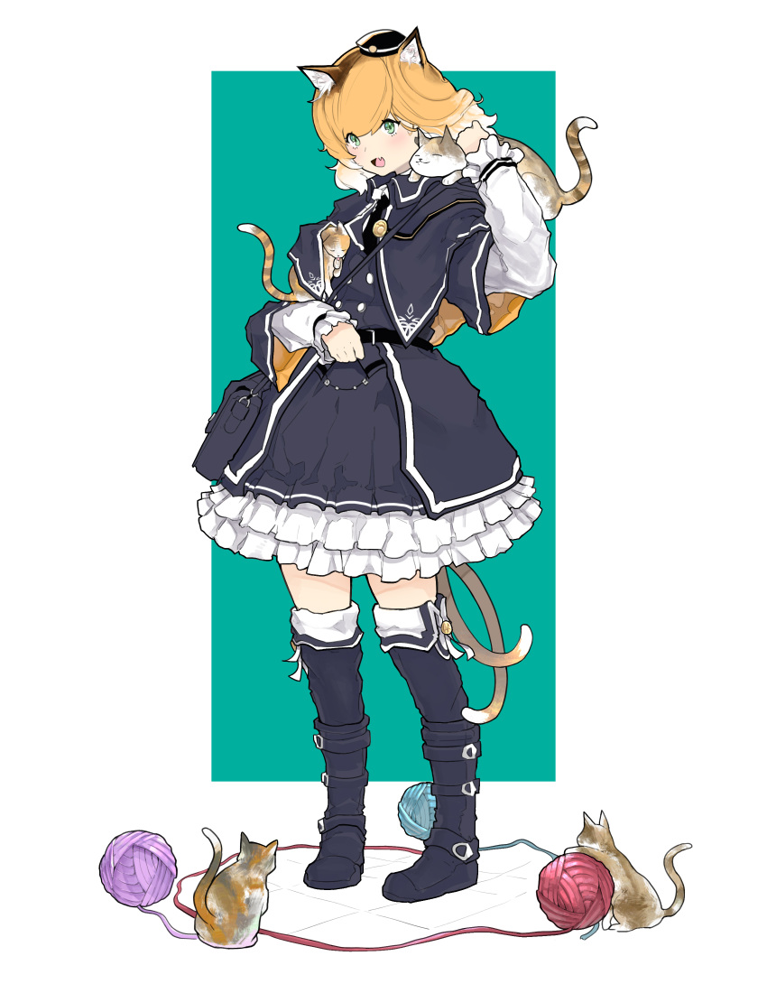 1girl, absurdres, animal, animal_ear_fluff, animal_ears, animal_on_shoulder, aqua_background, arknights