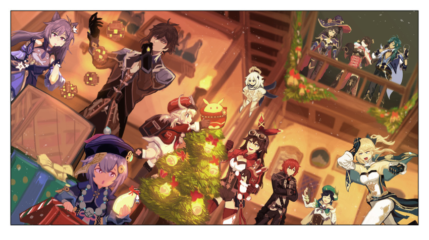 +_+, 4boys, 6+girls, absurdres, ahoge, amber_(genshin_impact), androgynous, asymmetrical_legwear