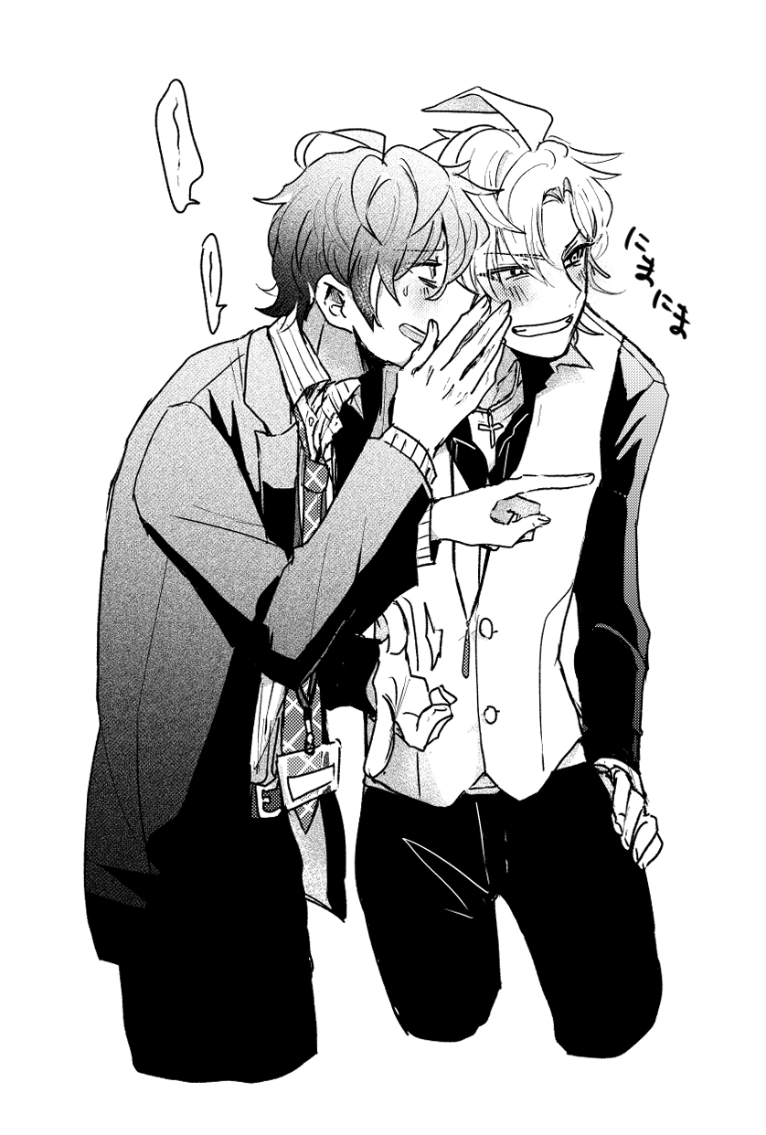 2boys, ahoge, black_pants, blazer, blush, greyscale, hand_on_hip, hand_up