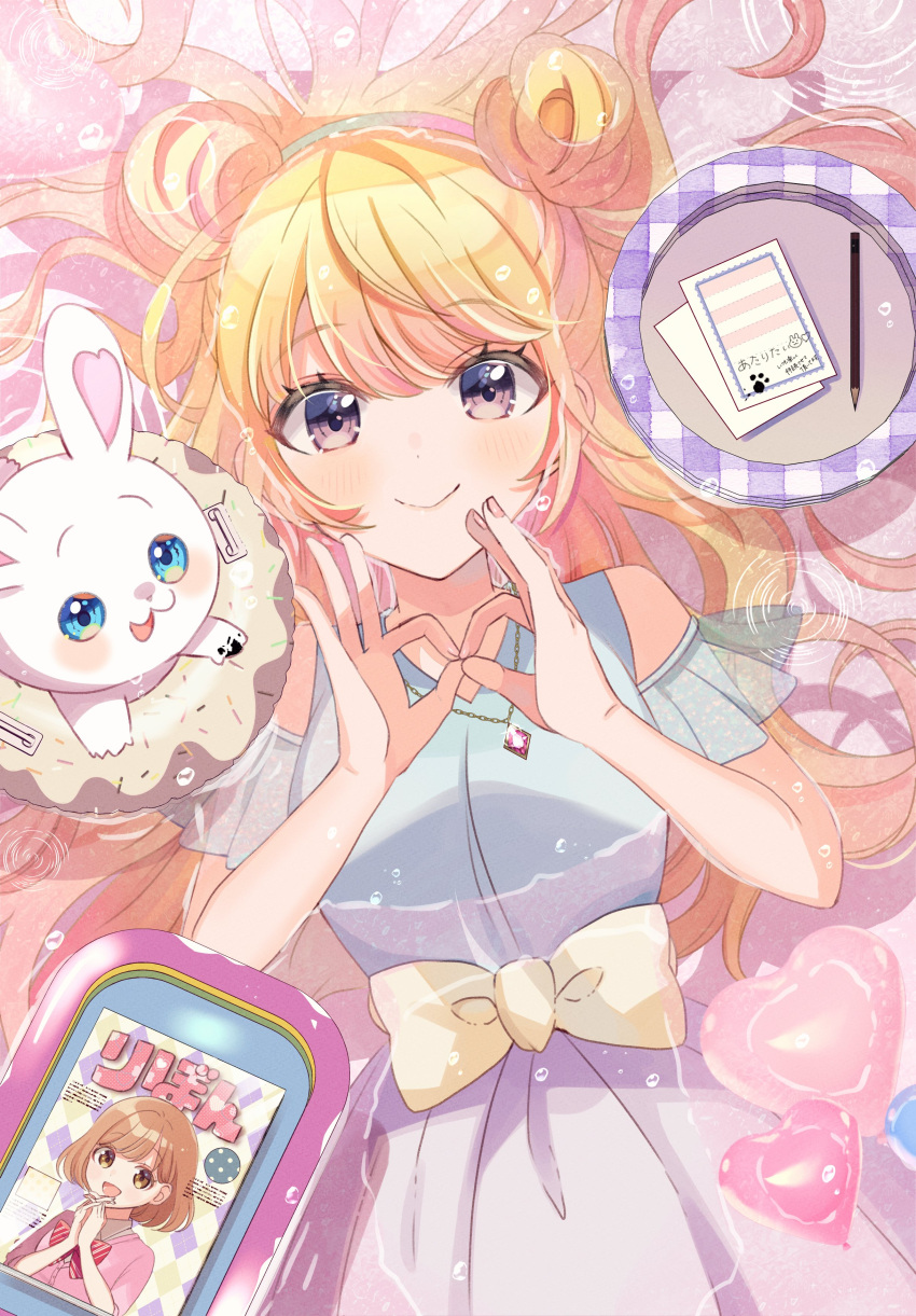 absurdres, balloon, bangs, bare_shoulders, blonde_hair, closed_mouth, eyebrows_visible_through_hair, heart, highres, hutaba_haru, jewelry, long_hair, magazine, necklace, notebook, original, pencil, rabbit, smile, violet_eyes, water