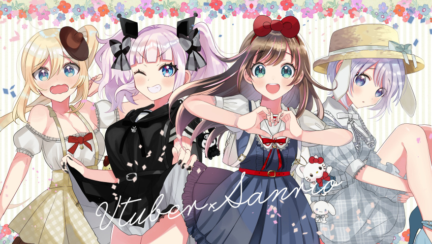 4girls, absurdres, bare_shoulders, blush, brown_hair, closed_mouth, dennou_shoujo_youtuber_siro, dress
