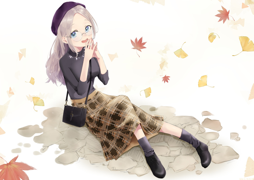1girl, :d, absurdres, autumn_leaves, bag, bangs, beret, black_footwear