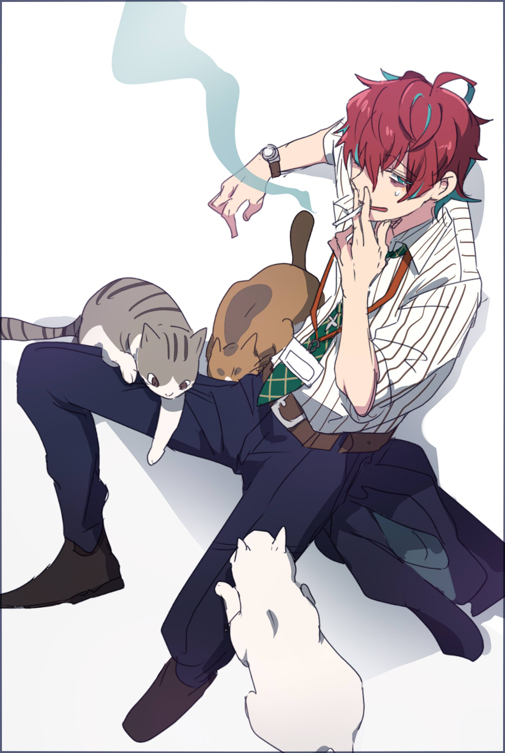 1boy, aqua_hair, bags_under_eyes, belt, black_footwear, blazer_removed, brown_cat, cat
